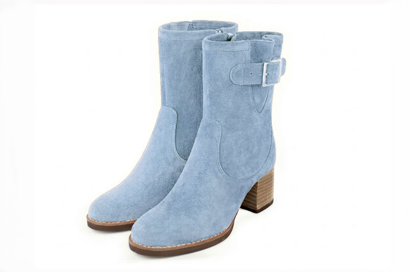 Classic leather ankle boots featuring adjustable side buckles and sleek hardware for secure support and timeless everyday style, in sky blue leather with round toe and mid block heel